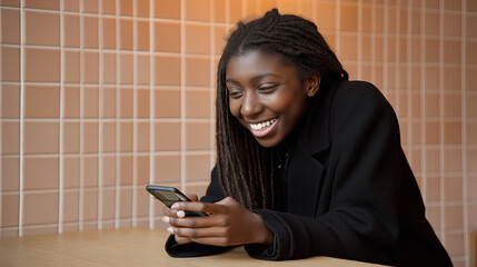 Young black woman with long dreadlocks smiles while using her smartphone in a cozy indoor setting