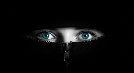 Close-up of woman's bright blue eyes peeking from behind a zipped-up dark hood.