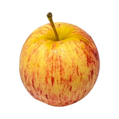 Close-up of a Red and Yellow Gala Apple with a Green Stem Against Black fruit food isolated on a transparent background