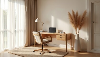 Minimalist home office with functional design. Light wood desk, comfortable chair, laptop, lamp, tall vase with pampas grass. Natural light streams through sheer curtains, creating bright, serene