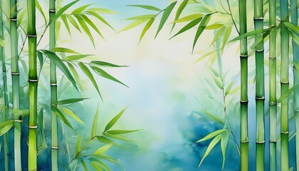 Fototapeta premium watercolor painting of lush green bamboo stalks and leaves with a soft blue background