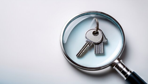 close up of a silver key with magnifying glass on a white background for home security and access concepts