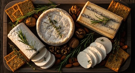 Wooden tray filled with assorted cheeses, nuts, and crackers.  Fresh rosemary and thyme sprigs garnish the cheeses.  Sunlight highlights the cheeses and nuts