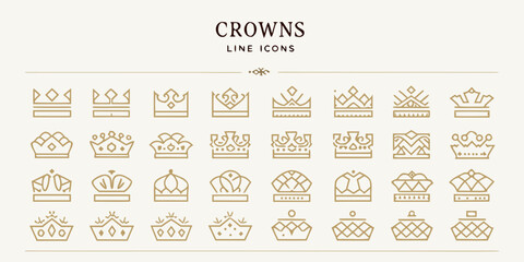 Collection of elegant golden line art crown icons