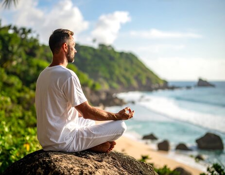 Man meditating by the ocean