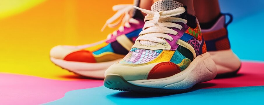 Colorful patchwork sneakers on a vibrant background. - Powered by Adobe