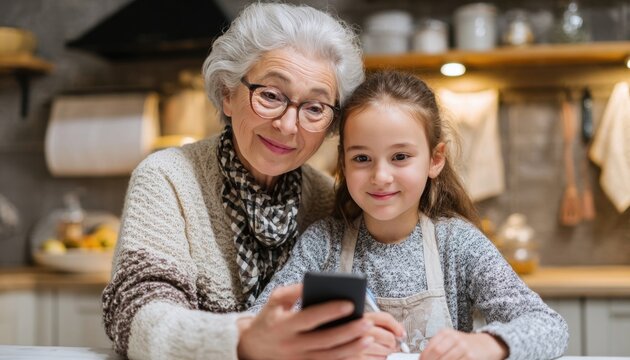 Grandmother and granddaughter using smartphone in kitchen