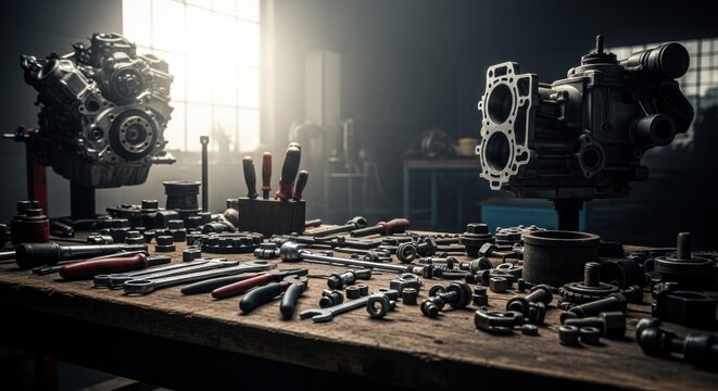 Workshop scene Engines and tools on a workbench. Bright light from window