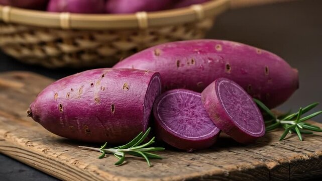 Purple sweet potato still life rustic wooden board healthy eating vegetarian produce