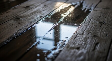 Water puddle reflecting window on rustic wooden floor