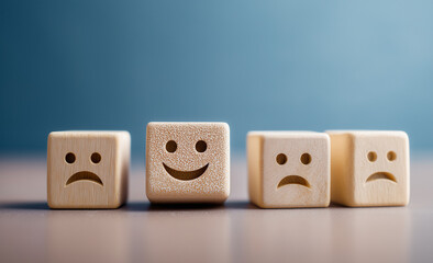 a girl Hand placing a smiley face symbol on a wooden block, with happy, sad, and neutral face symbols, against a blue background,