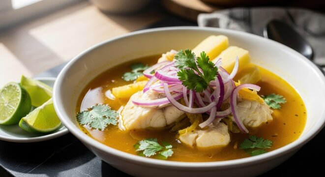 White bowl of fish soup, featuring chunks of white fish, sliced red onions, and pieces of cooked pineapple. Fresh cilantro and lime wedges flank the bowl