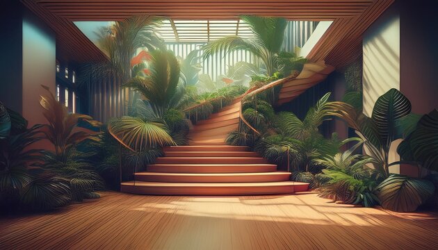 indoor tropical garden staircase lush plants wood flooring modern architecture lobby background ideal for travel brochures
