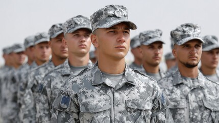 Fototapeta premium Soldiers standing in formation wearing camouflage uniforms