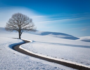 Obraz premium solitary bare tree stands on a winding path through a vast snow covered landscape