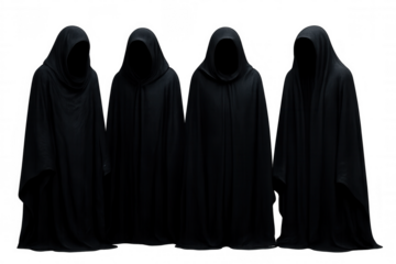 Four sinister figures shrouded in black cloaks stand against a transparent background, evoking a sense of mystery and dread