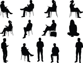 Silhouettes of business people sitting, standing, using smartphones, casual poses, professional lifestyle, man and woman, diverse postures