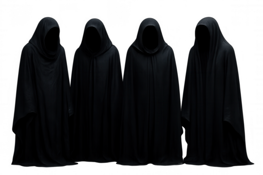 Four sinister figures shrouded in black cloaks stand against a transparent background, evoking a sense of mystery and dread