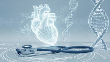 Heart dna strands and stethoscope on a light blue background with digital circle pattern design - Powered by Adobe