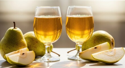 Two glasses of pear cider, surrounded by fresh pears and slices