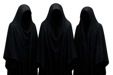 Three sinister figures cloaked in black, embodying death itself, stand against a transparent background, creating a chilling and mysterious atmosphere