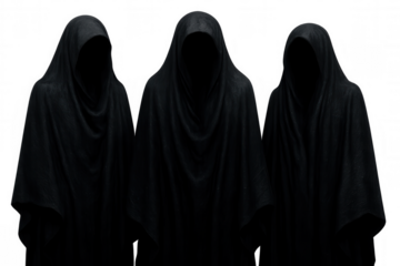 Three sinister figures cloaked in black, embodying death itself, stand against a transparent background, creating a chilling and mysterious atmosphere