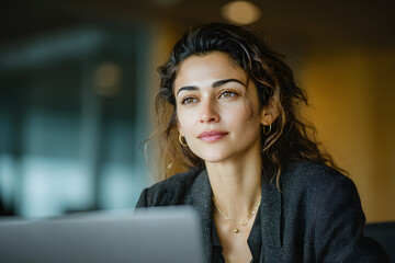 Indian professional woman working on project, conducting research, preparing for meeting or presentation using laptop seated at large table in boardroom. Workflow using tech, productivity, creativity