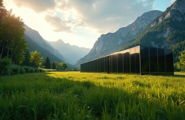 Modern data center building nestled in rich green landscape with majestic mountains. High-tech facility integrates with nature, suggesting ecological focus, renewable energy use for efficient data