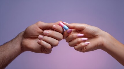 Woman handing a pill to a man – birth control concept