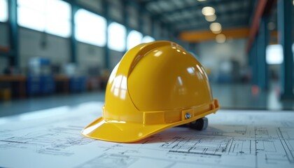 Yellow hard hat rests on construction blueprints inside modern factory. Protective headgear signifies safety, planning in industrial engineering, manufacturing workplace. Sharpened focus on safety
