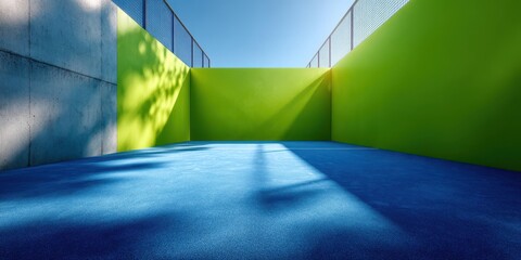 Empty padel court with bright blue floor and green walls under clear sky