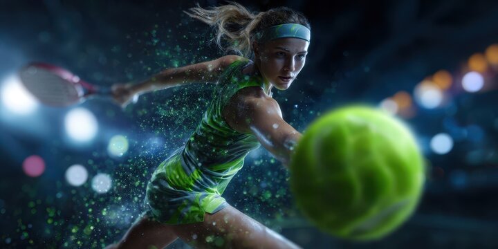 Female padel player hitting ball during night match