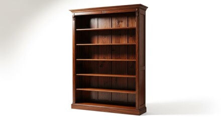 Tall wooden bookcase with six shelves.  Dark brown finish, classic style, simple, elegant, vertical lines, and substantial construction