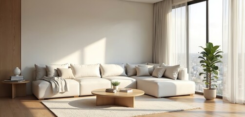 Modern living room with plush white sectional sofa, light cream rug. Minimalist decor includes wooden coffee table, throws, plant. Natural light streams through large window with sheer curtains,