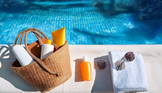 swimming pool essentials concept beach bag with items for safe sunbathing near swimming pool white blanket and sunscreen product