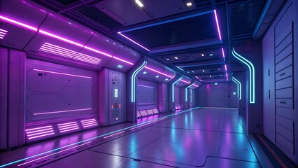 Futuristic Interior: A long view of a corridor bathed in neon lights and technological design.