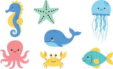 Adorable Ocean Creatures: Cartoon Sea Life Illustrations for Kids and Design