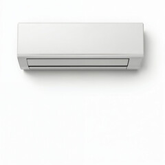 Fototapeta premium Modern white split air conditioner unit mounted on clean white wall background. Minimalist home appliance technology provides cooling, ventilation, climate control for indoor comfort. Energy
