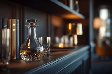 Elegant Glass Wine Decanter on a Shelf With Warm Ambiance Lighting