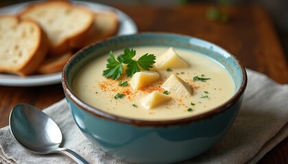 Creamy white soup with chunks of potato, fresh parsley garnish, sprinkled with paprika. Served in rustic blue bowl with crusty bread slices on side. Hearty, comforting meal, perfect for lunch dinner.
