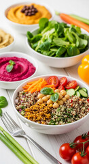 Vibrant quinoa bowl with chickpeas, tomatoes, carrots, and cucumber, accompanied by various colorful dips and fresh greens, showcasing healthy and nutritious meal concept