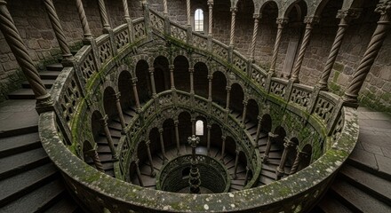 Spiral staircase, overgrown with moss, in a historical building.  High angle view.  Ancient stone, arches, and pillars