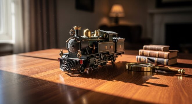 Small black steam train model on a wooden table, alongside books and magnifying glass. Sunlight highlights the details - Powered by Adobe