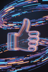 Vibrant Neon Thumbs Up Icon Surrounded by Dynamic Light Trails in a Futuristic Abstract Setting