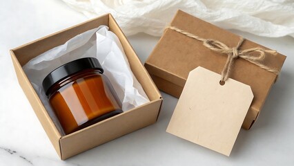 An eco-friendly small brown cardboard gift box with a handcrafted candle or beauty product jar inside, presented on a light background, ideal for artisanal packaging.