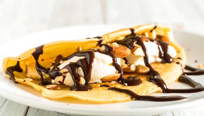 Delicious crepe with chocolate, ice cream and almonds