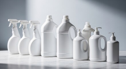 Row of various white plastic cleaning product bottles on a light marble surface