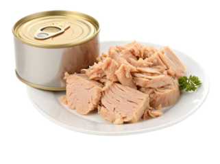 Canned tuna on a dish with garnish and closed can for healthy and convenient meal preparation