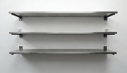 Three empty stainless steel shelves mounted on clean white wall. Modern, minimalist design offers versatile storage, display options for home commercial interiors. Simple, reflective surface adds