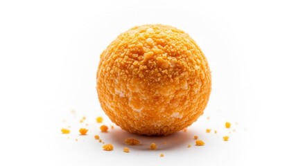 Round, golden-orange, crispy ball resting on white surface.  Crumbs scattered below
